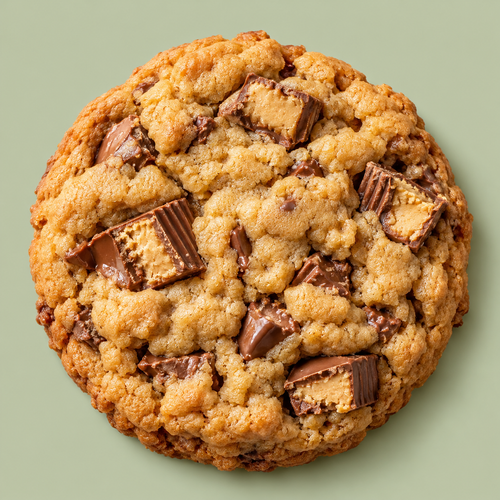 AI-created Chewy Peanut Butter Cup cookie on a solid retro-color background