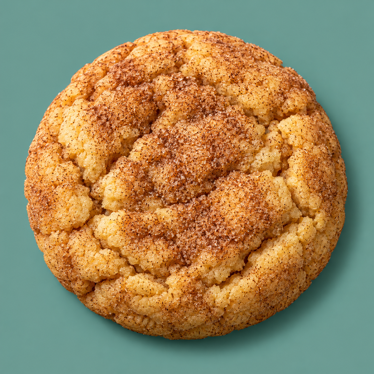 AI-created Snickerdoodle cookie on a solid retro-color background
